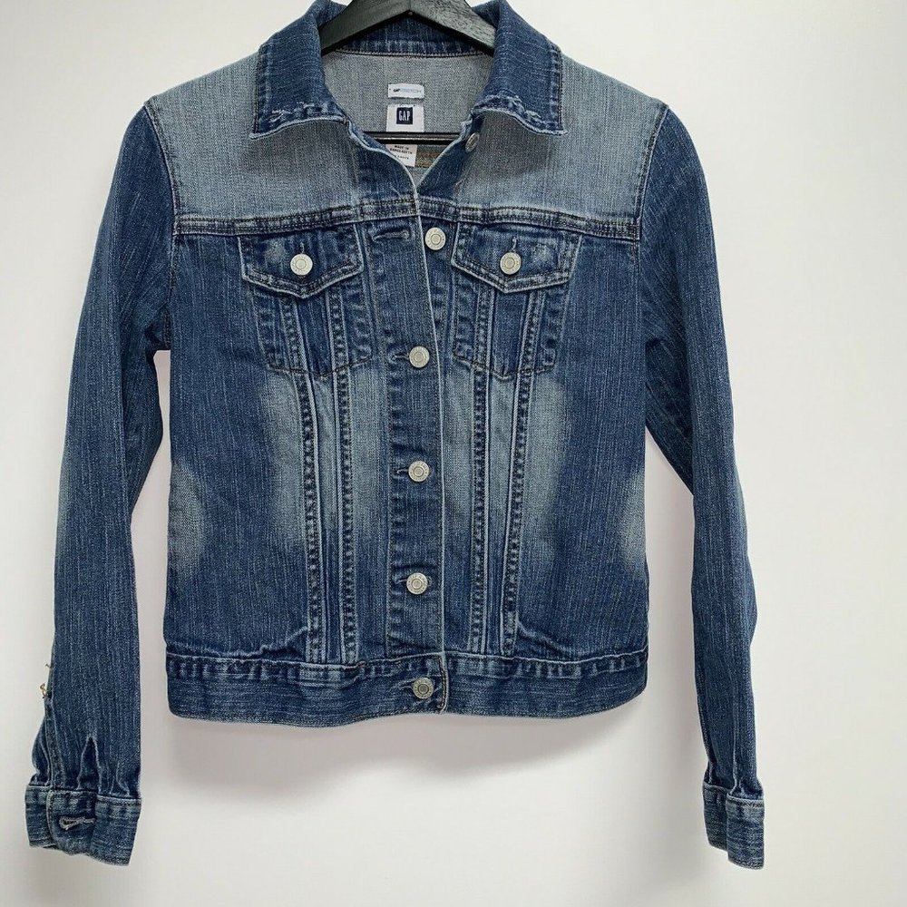 Gap Womens Blue Jean Denim Jacket Size XS Stretch Cotton Distressed Button Front
